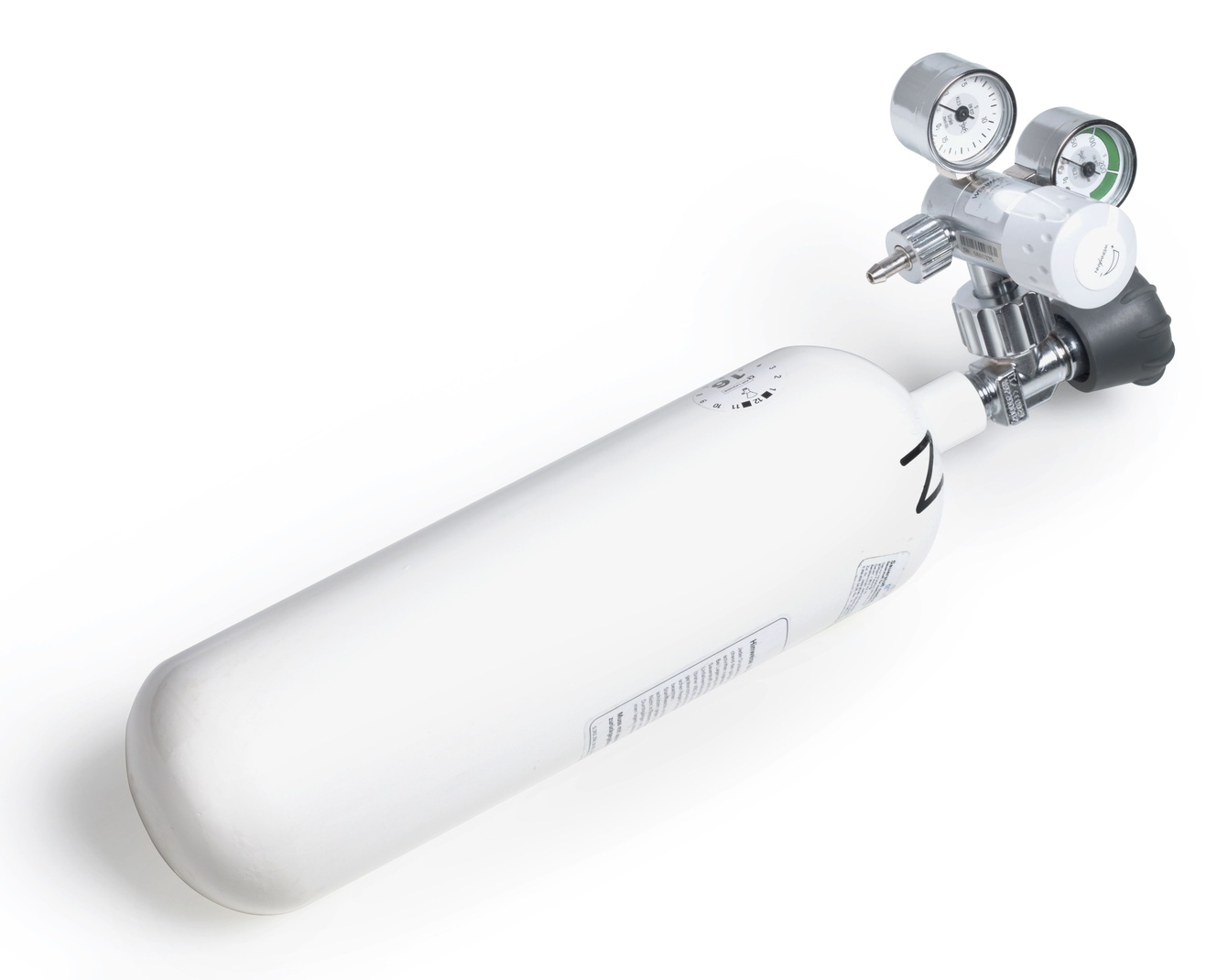 Eine Sauerstoffflasche mit Druckminderer/Berieselungseinheit