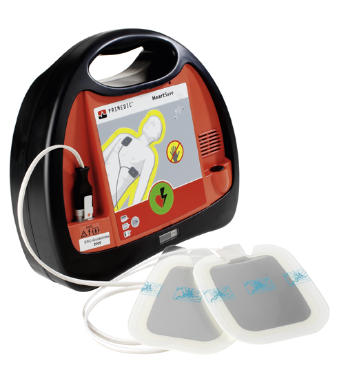Automatisierter Externer Defibrillator (AED) mit angeschlossenen Klebeelektroden für den Einmalgebrauch © WMC:Hborkyb, CC-BY-SA-2.5-US